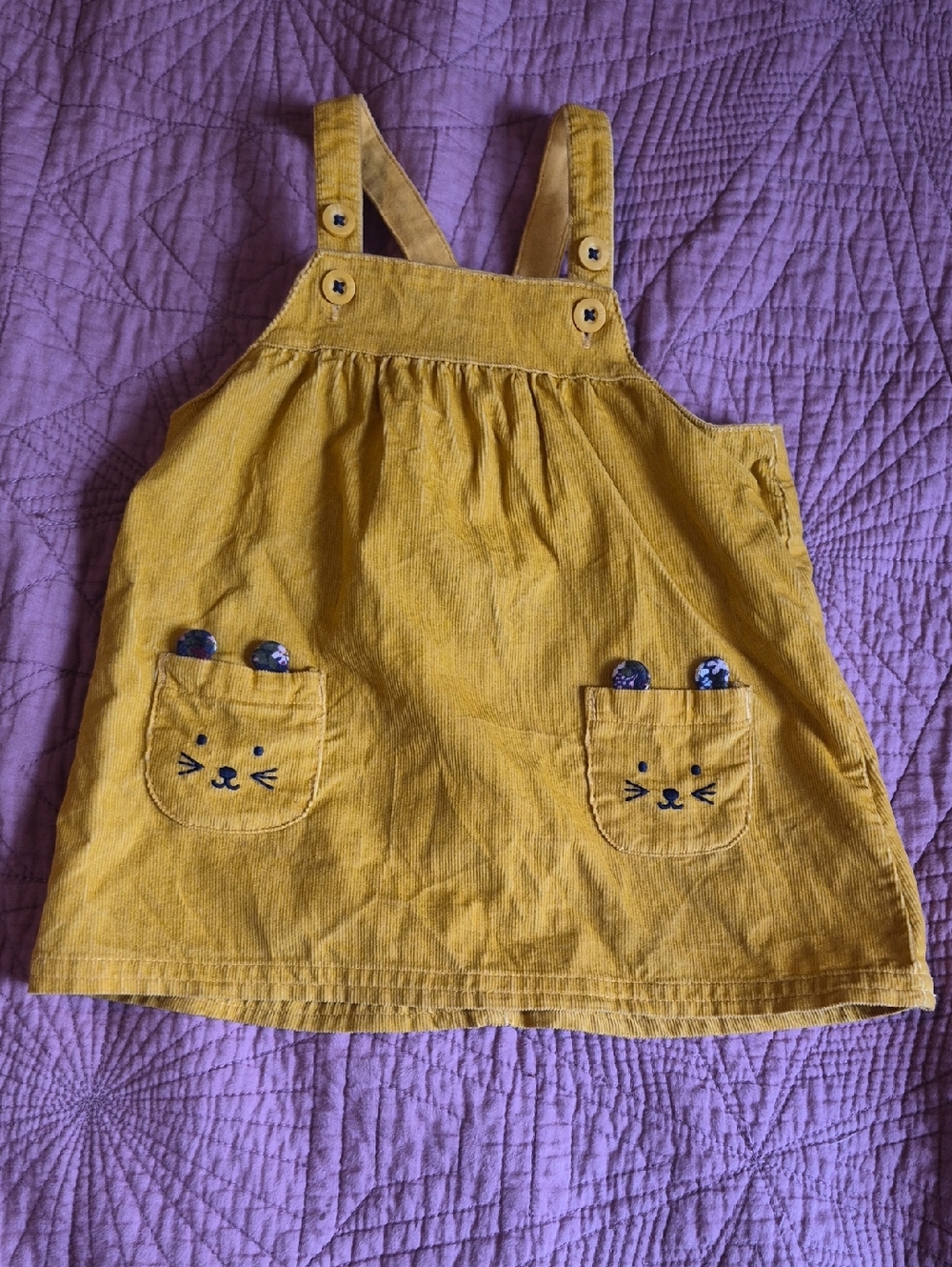 Mustard Yellow Corduroy Pinafore Dress with Kitty Pocket Details